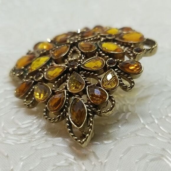 Monet Brooch Pin Crystal Brown  Gold Teardrop Round Oval Twisted Gold Brooch Pin - Picture 6 of 9